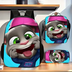 Talking Tom Cat Backpack Three-Piece Set: Large-Faced Cartoon Skin-Friendly Oxford Backpack with Lunch Bag and Pencil Case, Suitable for Commuting and Leisure Travel