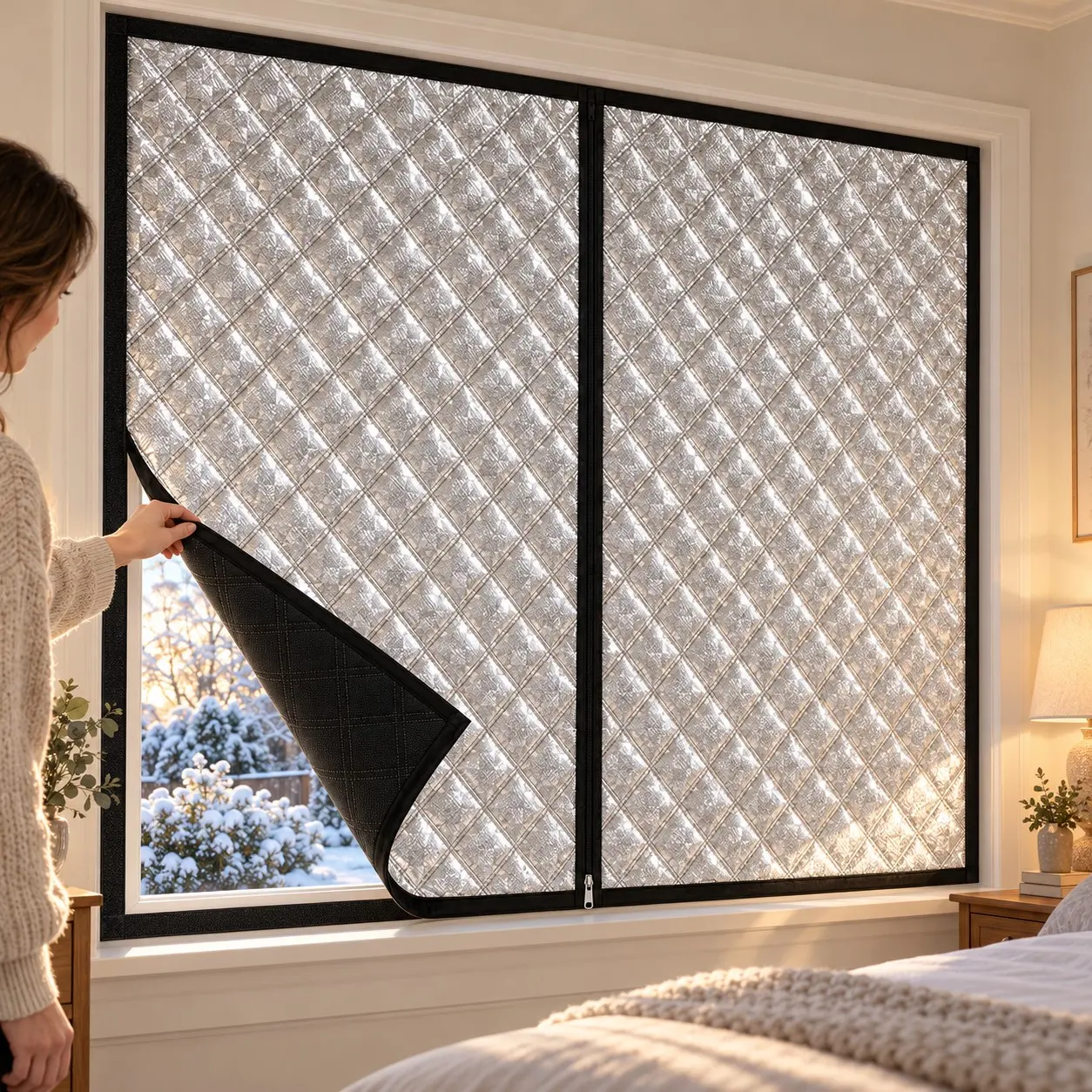 Winter Thermal Window Curtain with Zipper, No-Drill Self-Adhesive Insulated Window Cover, Removable Foldable Draft Blocker for Indoor Heat Retention