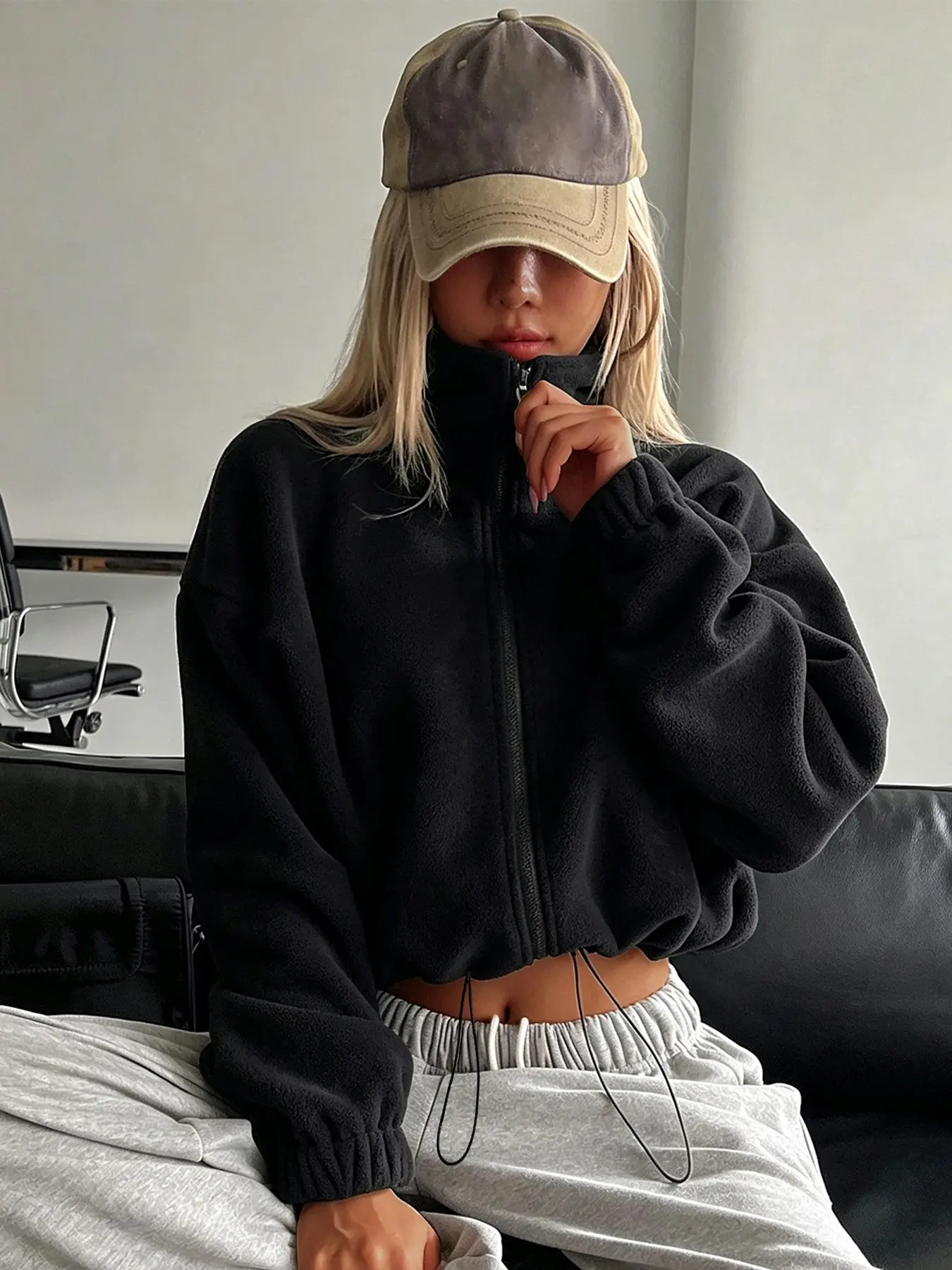 Women's Loose High-Neck Zip-Up Cropped Jacket With Drawstring Hem, Warm Jacket, Y2K Casual Street Style, Suitable For Daily Trips And Street-Shooting Outfits