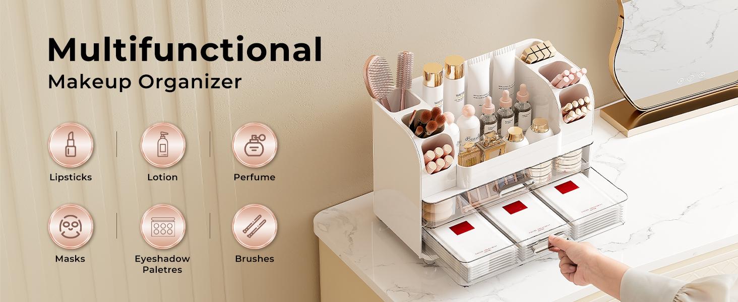 Makeup Organizer for Vanity with 2 Large Drawers, Cosmetic Display Case with Brush Holders, Easy to Storage for Bathroom Countertop Skincare, Perfume, Pink