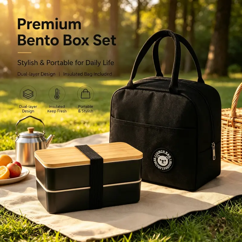 outdoor picnic dual compartment bamboo lid bento box matching thermal bear print lunch tote leakproof portable meal container set for camping hiking travel daily lunch prep