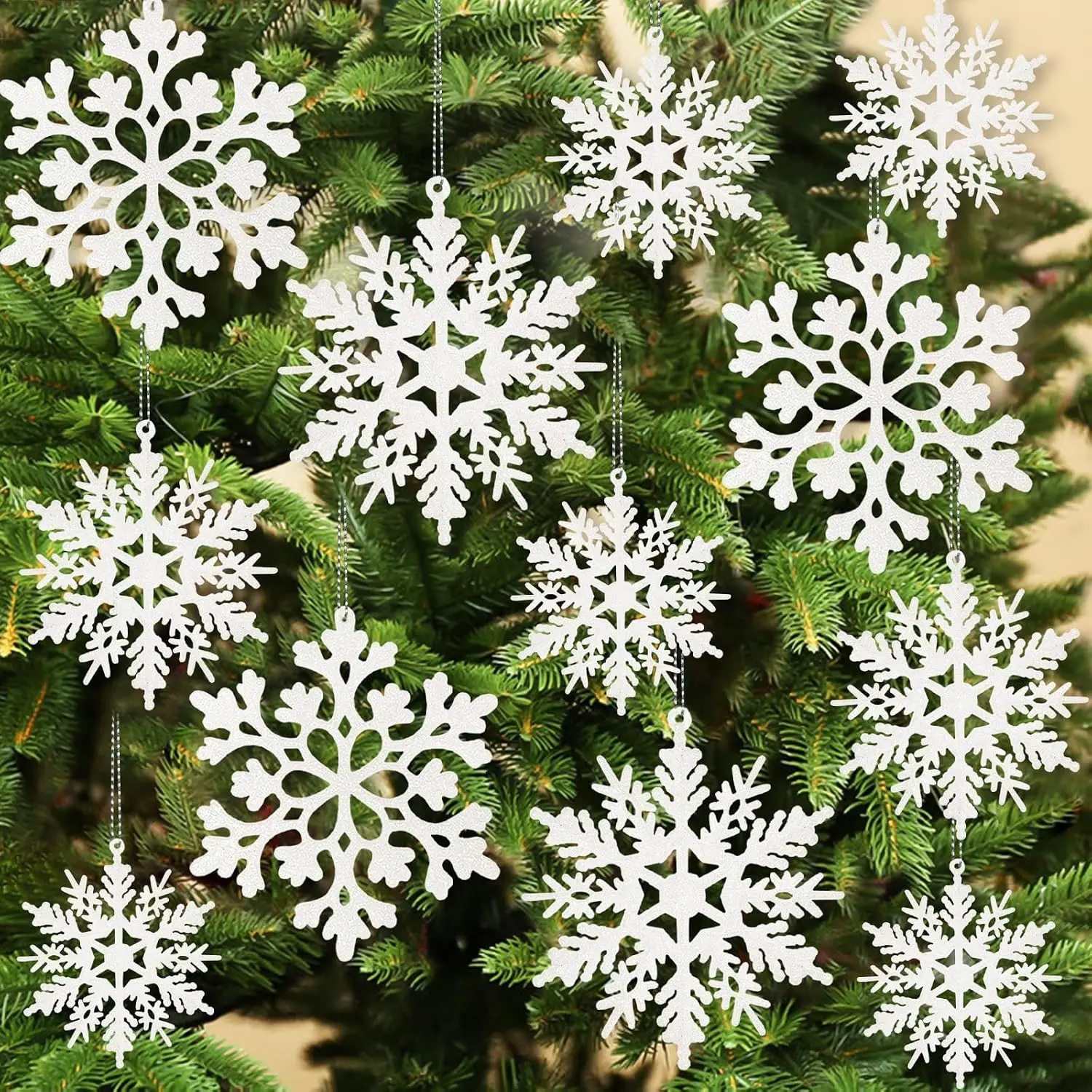 36pcs White Glitter Snowflake Ornaments, Shatterproof Plastic Christmas Tree Decorations in Various Sizes for Indoor Winter Wonderland & Christmas PartyGift