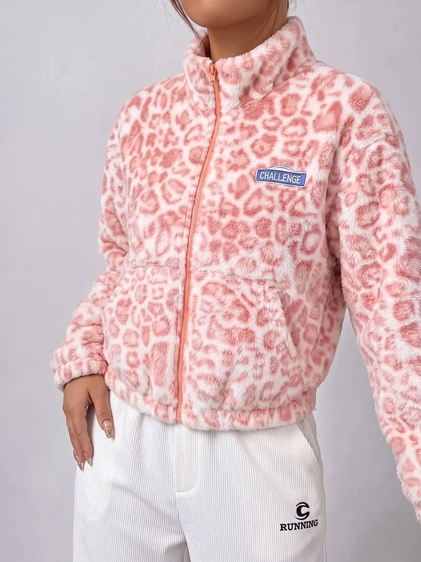 Women's Pink Leopard Print Fuzzy Zip Up Cropped Jacket, Y2K Casual Fall Clothes Women, Soft Fluffy Stand Collar Fleece Outerwear, Fashion Warm Coat for Streetwear, Daily Outing & Vacation, 2026 Trendy Cute Retro Cropped Fur Jacket