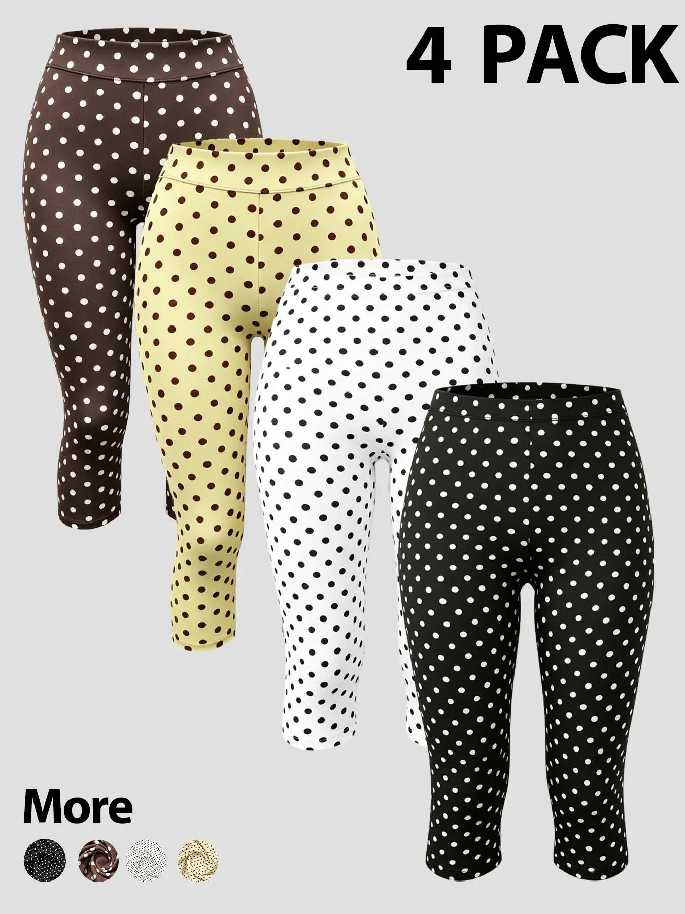 4 Pack Women Polka Dot Capri Training Leggings, High Waist Stretch Cropped Leggings, Stretchy Workout Leggings, Casual Summer Mid-Calf Slim Fit Workout Crop Pants