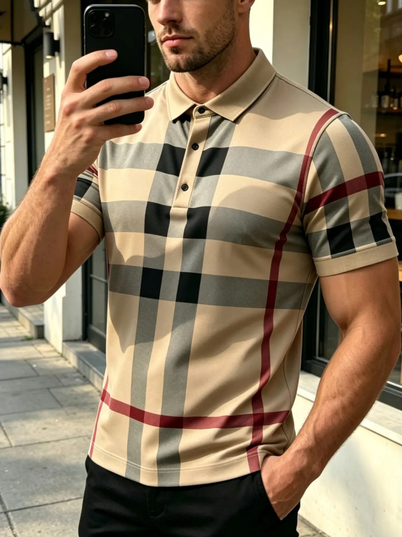 American Flag Print Men's Polo Shirt, Gingham Slim-Fitting Short Sleeve Casual Top, All over Print Unlined Design, Perfect for Everyday Wear