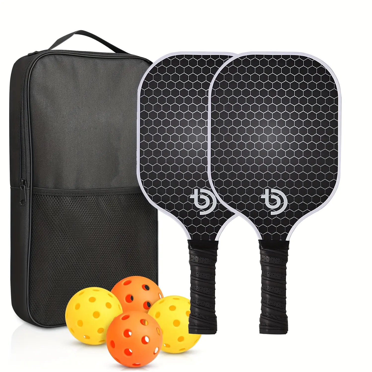 Pickleball Paddles Set with Sturdy Fiberglass Surface Polypropylene Honeycomb Core Cushioned Grip for Indoor Outdoor Game, Includes 2 Rackets, 4 Balls & Carry Bag