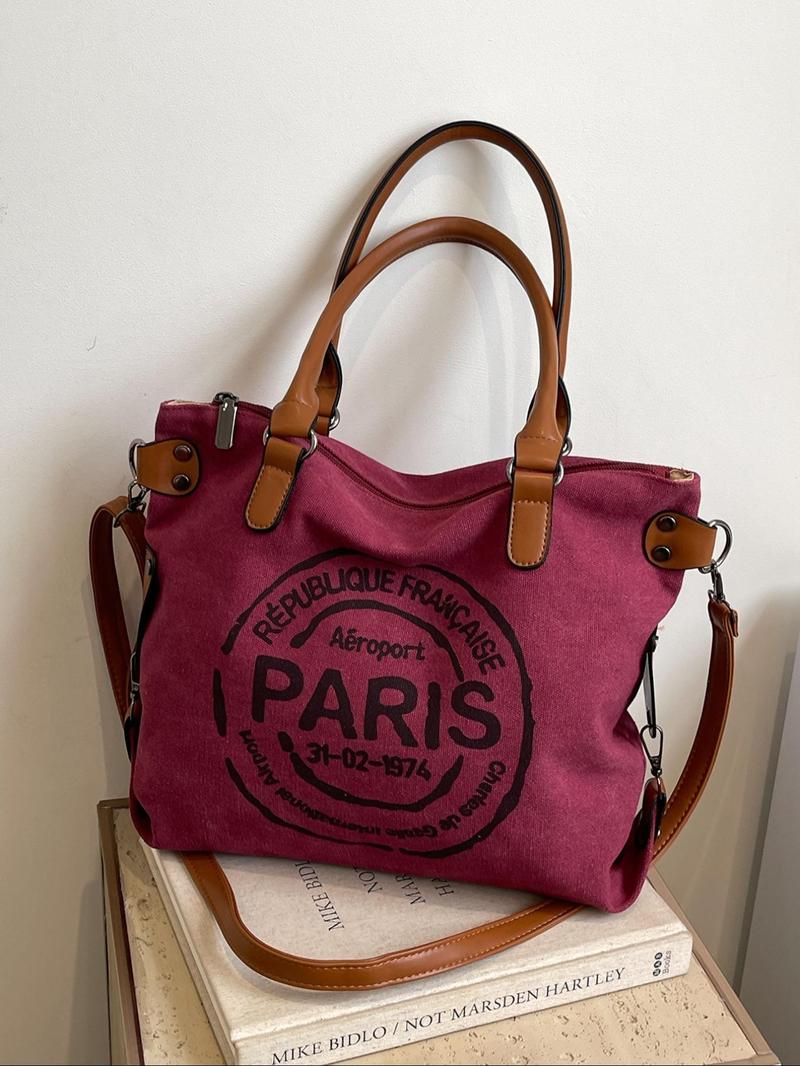 Fashionable Letter Print Handbag, Casual Pu Leather Zipper Shoulder Bag for Women, Casual Trendy Versatile High-quality Daily Commuting Bag, Girl Fashionable Shopping Bag, Fashionable Patterned Bag