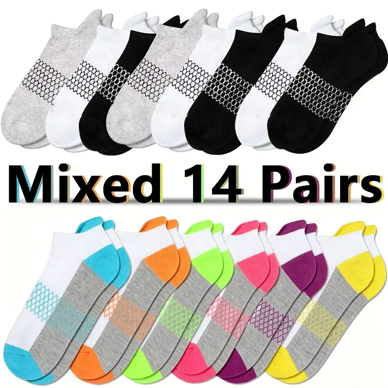 Women's 14-Pair Thin French Terry Sports Socks - Shock-Absorbing, Comfortable, Odorless, Breathable, Ear-Lifting for Daily Wear & Outdoor Activities