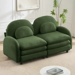 Teddy Fabric Soft Cloud-like Loveseat Sofa,Curved Backrest and Armrest with Curved Lumbar Pillows, Modular 2 Seater Couch with Supportive Double-layer cushion, Green