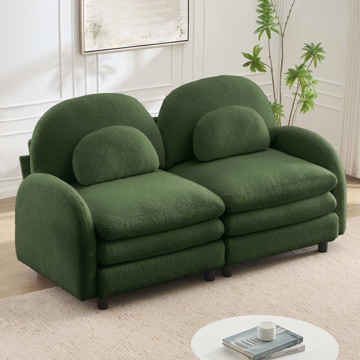 Teddy Fabric Soft Cloud-like Loveseat Sofa,Curved Backrest and Armrest with Curved Lumbar Pillows, Modular 2 Seater Couch with Supportive Double-layer cushion, Green