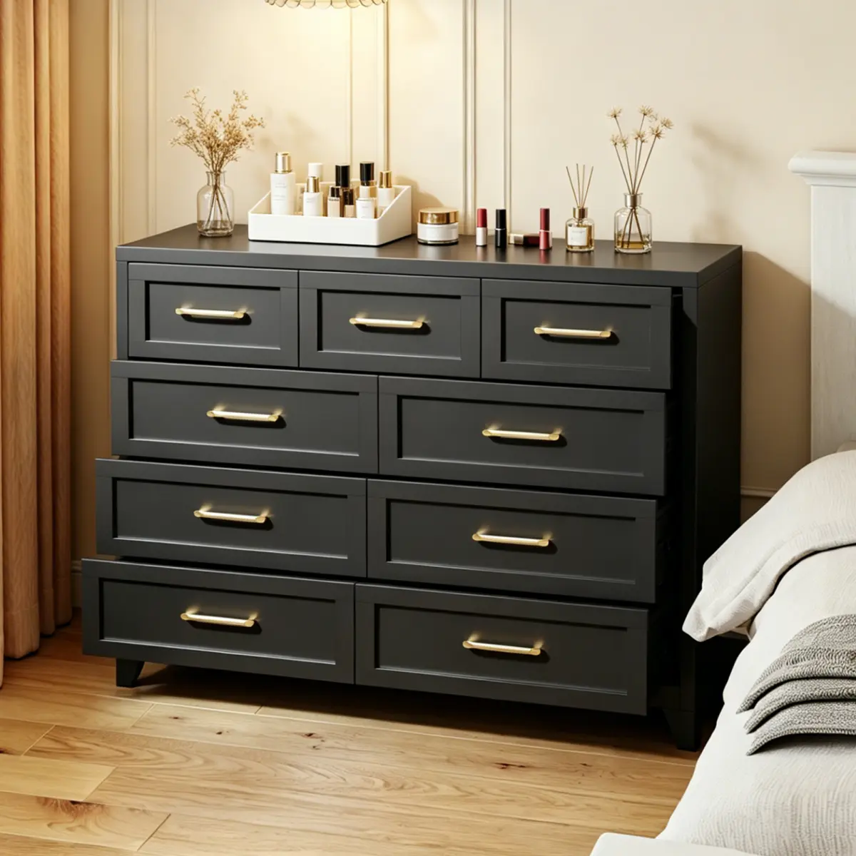 Aobtkel9-Drawer Tall Dresser, Black Metal Storage Cabinet with Smooth Gliding Drawers, Space-Saving Chest of Drawers for Bedroom, Living Room, Entryway, Strong 5-Foot Design & Modern Handles On-Site