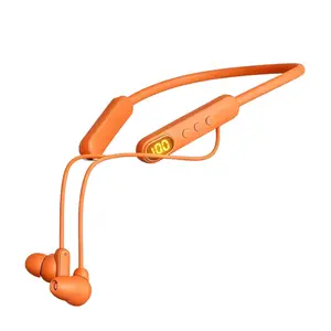 Orange Neckband Wireless Earbuds - IPX4 Sweatproof Silicone In-Ear Audio Headphones, Hi-Fi Sound, LED Battery Display, Magnetic Connection, Cable Management, ENC Noise Cancellation, Smart Voice Assistant for Sports & Hands-Free Calls, Electronic Headset,f