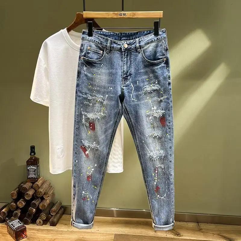 Men's Faionable Ripped Denim Jeans Elastic Slim Fit Casual Nine-Piece Pants Low Waist Zipper Closure Busin Casual Sle