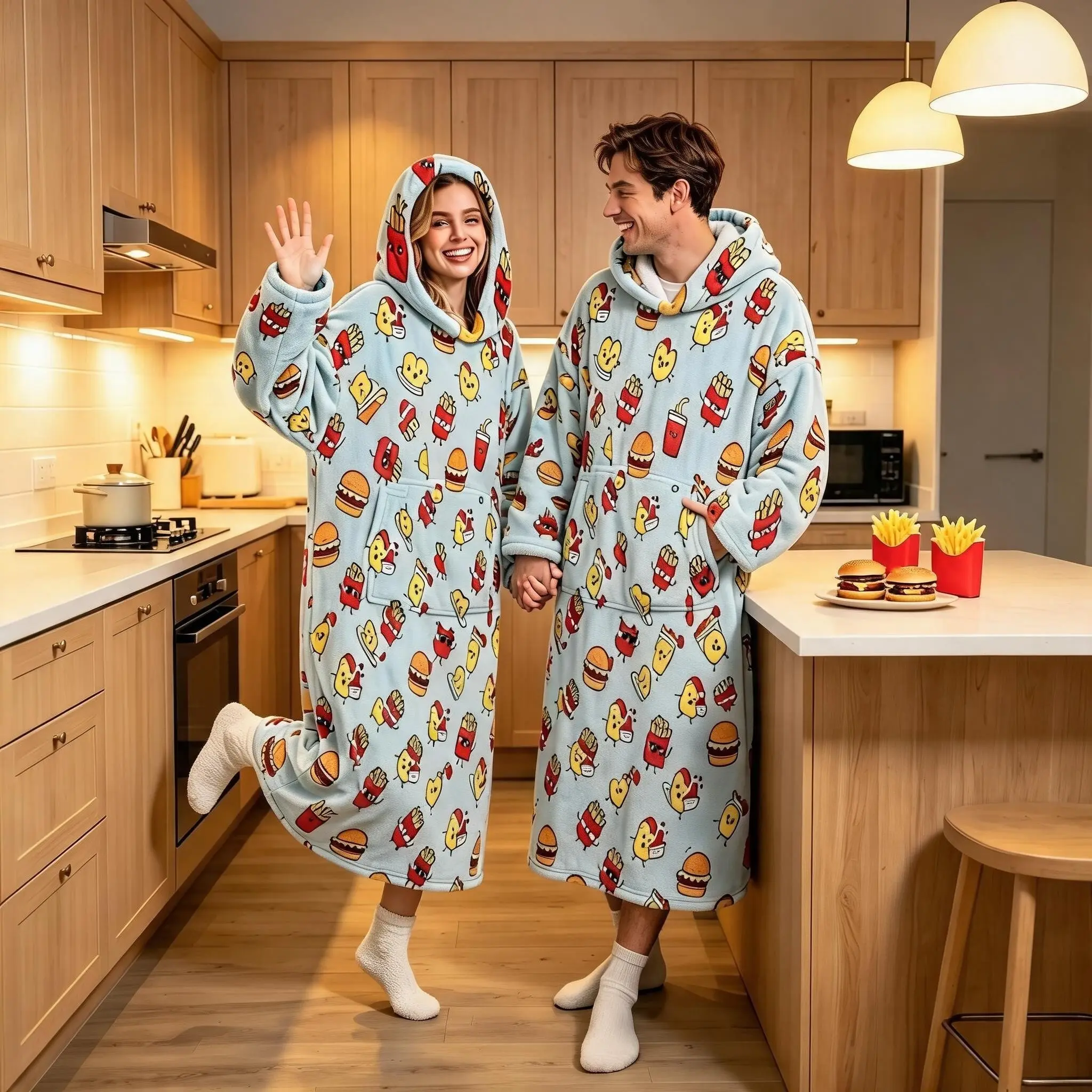 Light Blue Cartoon Burger Fries Hooded Wearable Blanket, Cute Fast Food Print Flannel Cape, Comfortable, Perfect for Dorms and Home