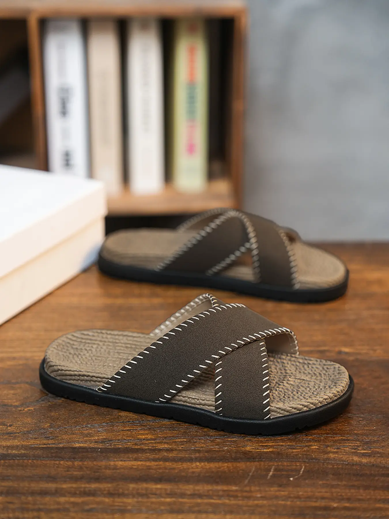 Luxury Suede-Texture House Slippers | Hand-Stitched Cross Design With Textured Woven Footbed | Comfortable Everyday Slide Sandals