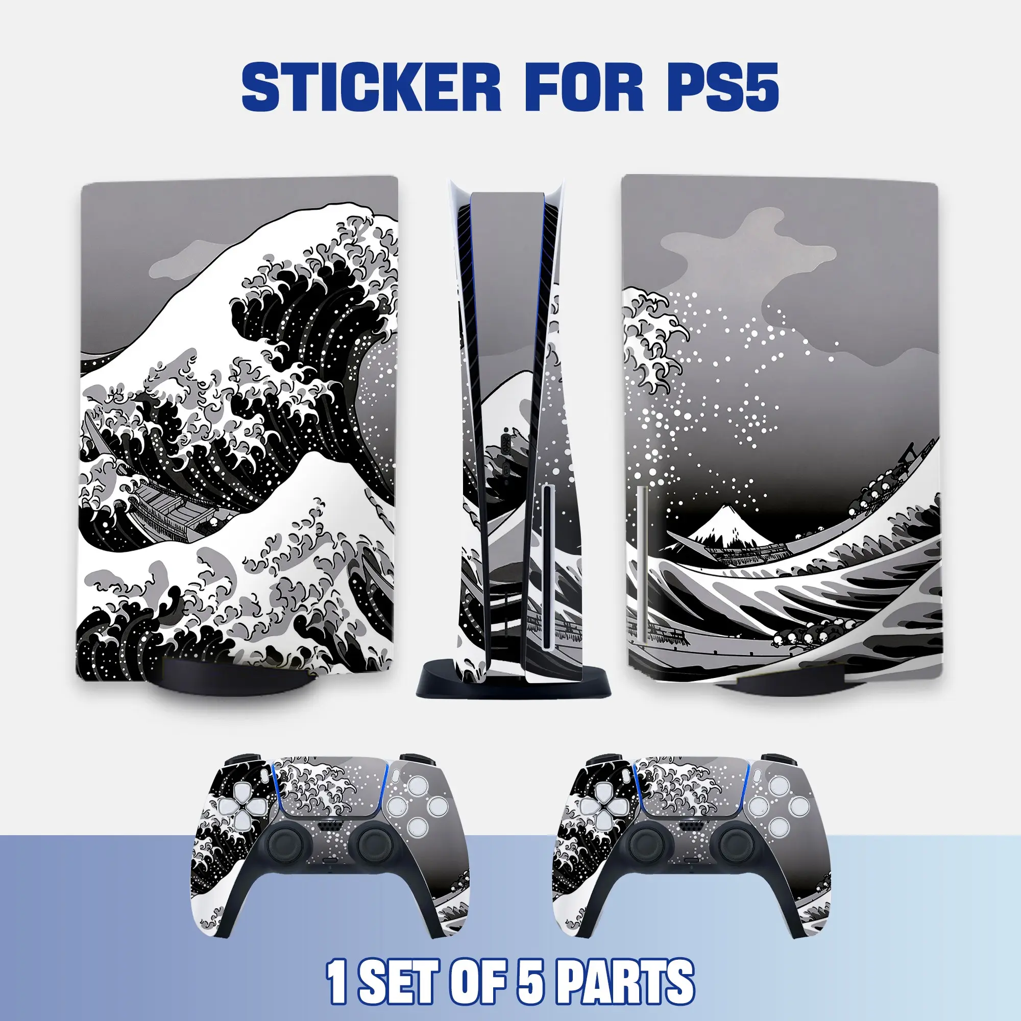 Black & White Wave Art Style PS5 Disc Edition Vinyl Skin Sticker for Console & Controllers, Waterproof, Scratch-Resistant, Dustproof, Removable & No Residue