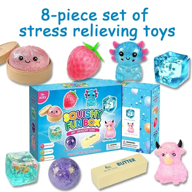 8 Pcs  Malt Sugar Squishy Box, Slow-Rising Stress Relief Fidget Toys, Sensory Play Bundle, Squishies Fidget Packs, Assorted Styles for Party Favors & Gifts