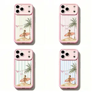 TY-Pastel Striped Curious Georgeee Summer Beach Phone Case,Cute Cartoon Monkey Phone Case,Beach Surf Monkey on Pastel Vertical Stripes Protective Cover For iPhone 11 12 MINI 13 MINI 14 15 16 17 Air Pro Max for Samsung S26 S25 S24 S23 S22 S21 Case