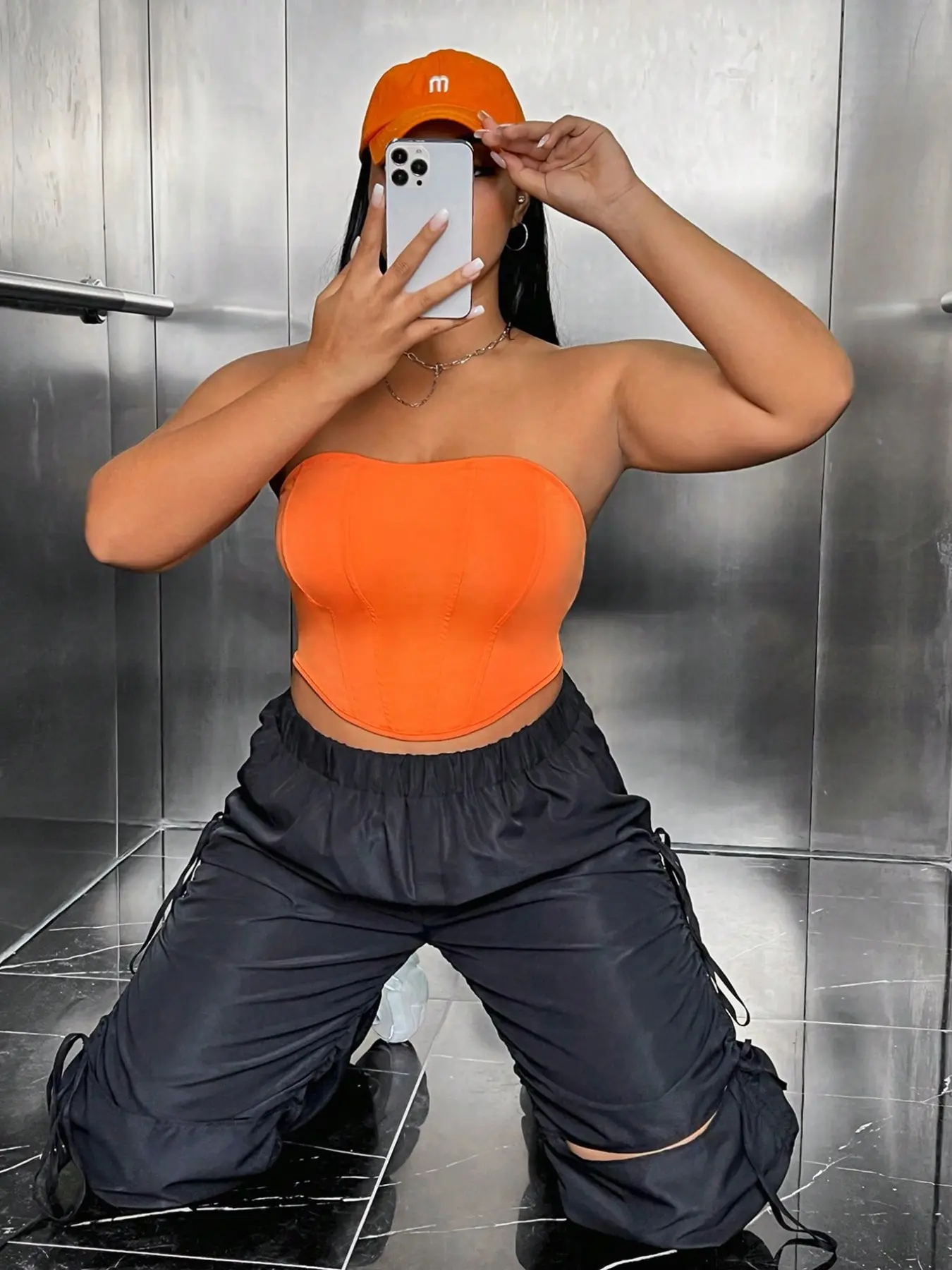 Plus Size Women Orange Tube Top Strapless Medium Stretch Corset Style Crop Top For Curvy Girls Flattering Summer Festival Outfit Sleeveless Bandeau Shirt Trendy Y2K Baddie Aesthetic Streetwear Top
