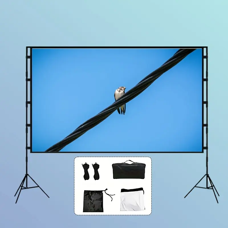 84-Inch outdoor camping movie screen with sturdy stand, designed for indoor and outdoor environments. Easy to install, easy to store, provides excellent stability, and has adjustable height with lower screen position.