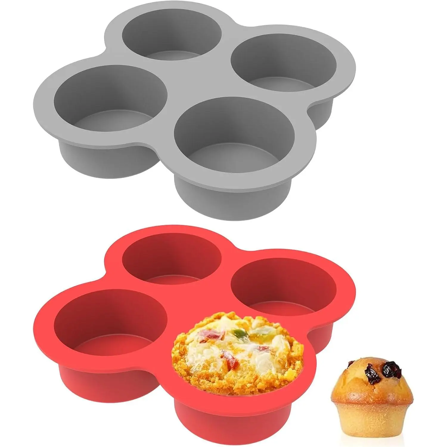 Silicone Egg Bite Molds, 4 Cups Air Fryer Egg Mold, Ideal for Muffins, Cakes, Pies, Breads, 2 Pcs Red + Gray