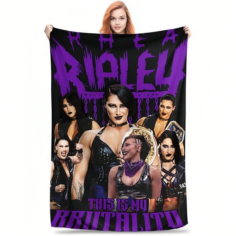 Rhea Ripley -Inspired Wrestling-Themed Plush Blanket - Purple & Black Signature Logo & Name Design, All-Season Soft Bedspread For S &, Machine Washable Gift For Fans, Travel & Use