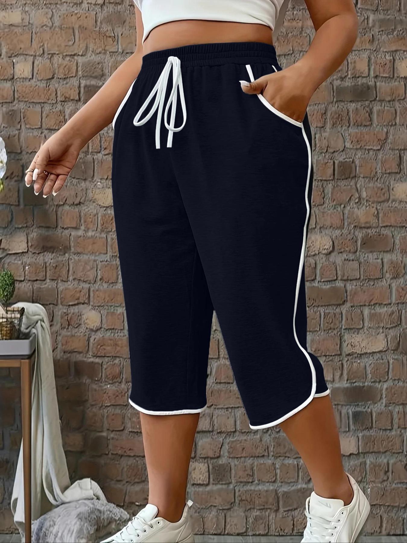 【Plus Size】Contrast Binding Capri Pants, Basic Casual Comfy Trousers for Summer, Women's Bottoms for Daily Wear