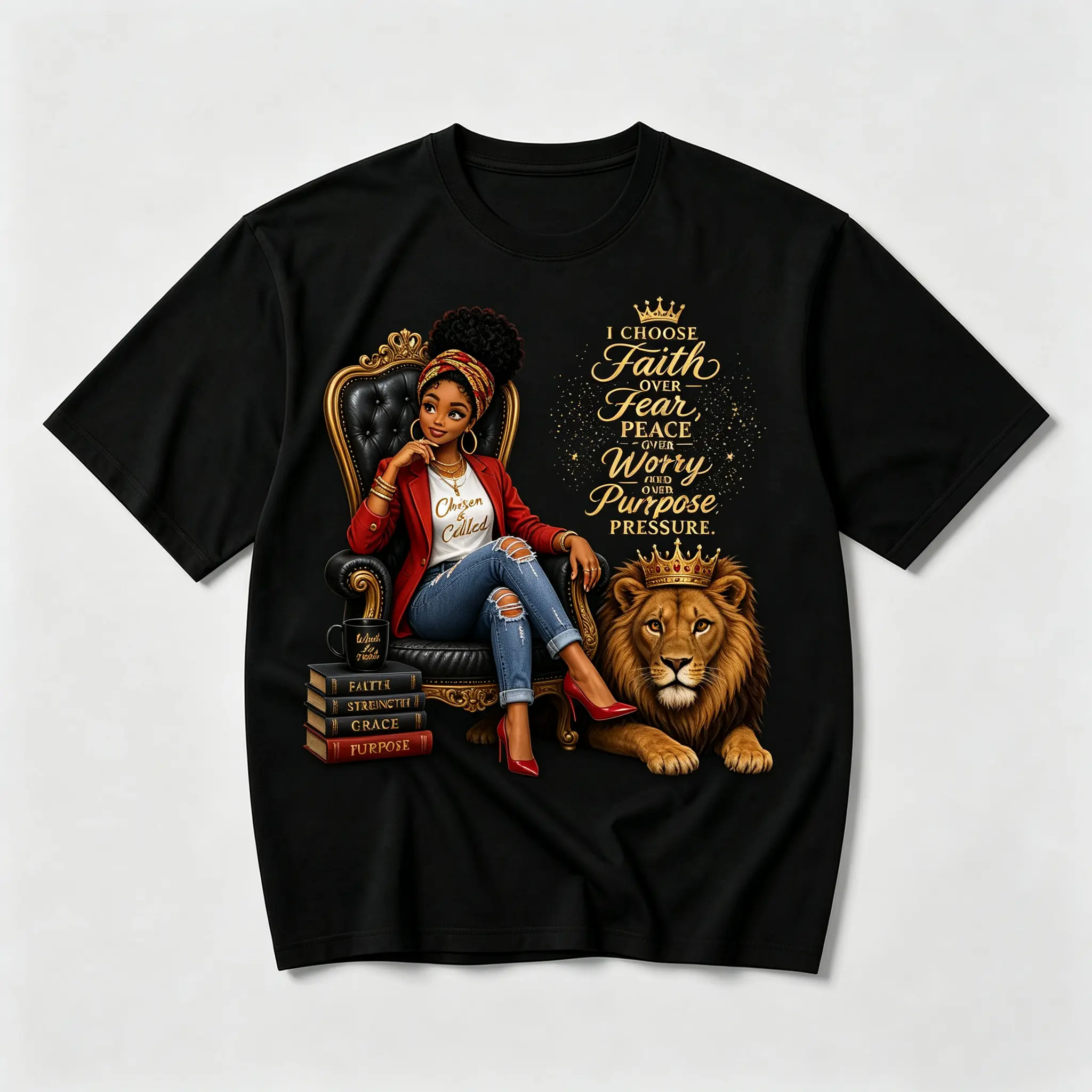 Men's 100% Pure Cotton Short-Sleeve Round Neck T-Shirt - Printed African American Queen & Lion Crown Faith Quote Graphic, Streetwear, Soft, Lightweight, Breathable, Comfortable Casual Christian Top, Gift For Black Women