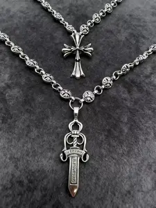 2-Piece Set Retro Unisex Gothic Cross Necklace, Punk Style Sword Pendant, Ideal Gift for Men & Women, All-Season Wearable Accessory