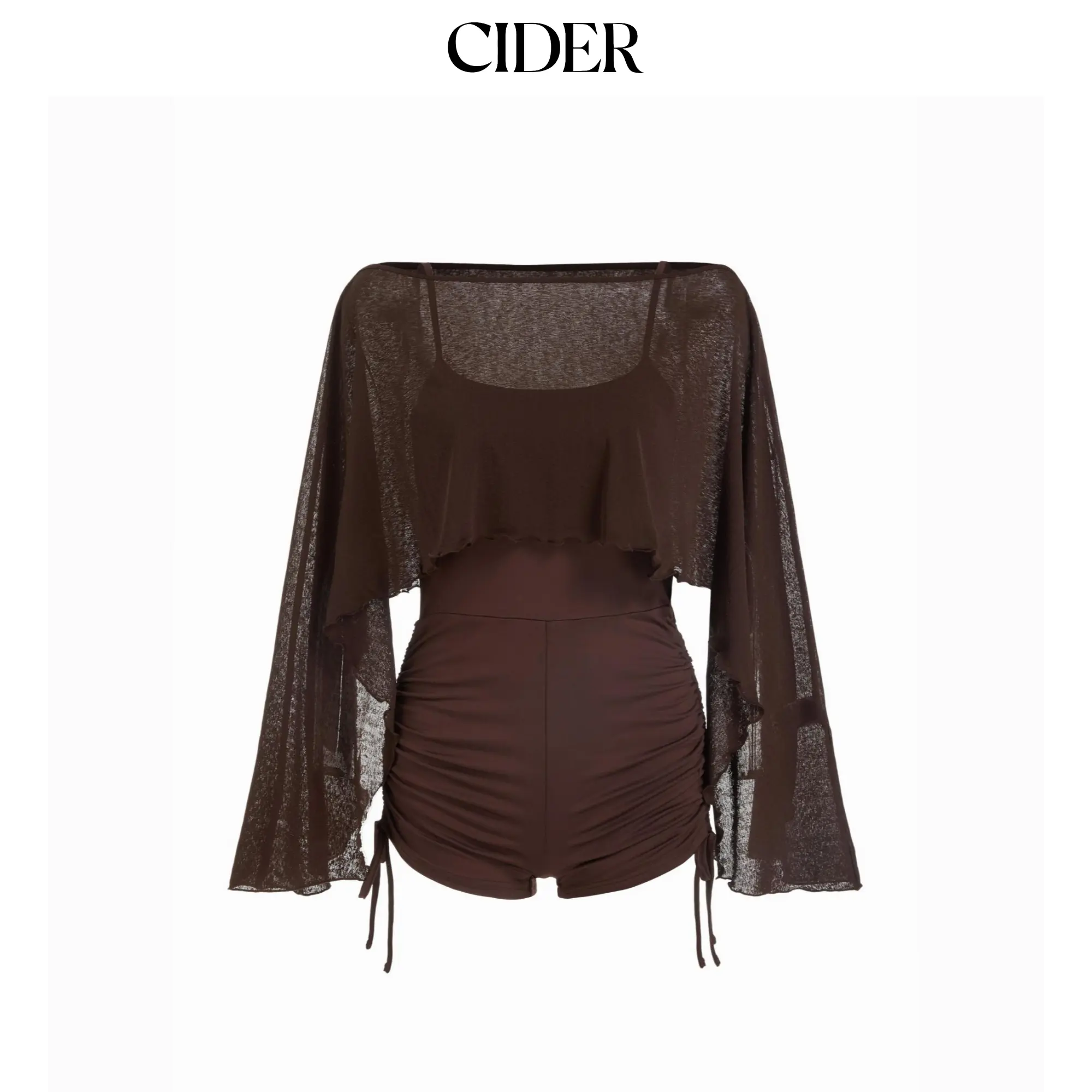 Cider Textured Boat Neck High Rise Drawstring Slim Romper With Scarf