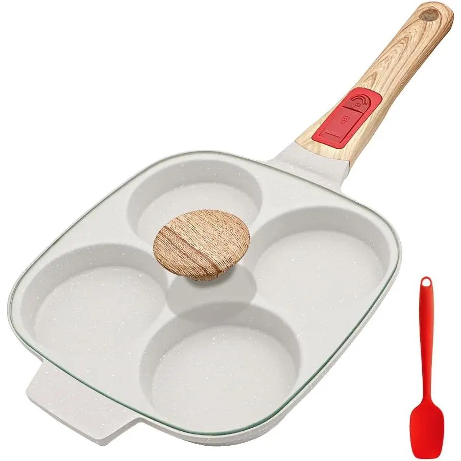Fried Egg Pan, Nonstick Egg Frying Pan with Lid Induction- White | Detachable Handle, 4 Cup Omelette Pan