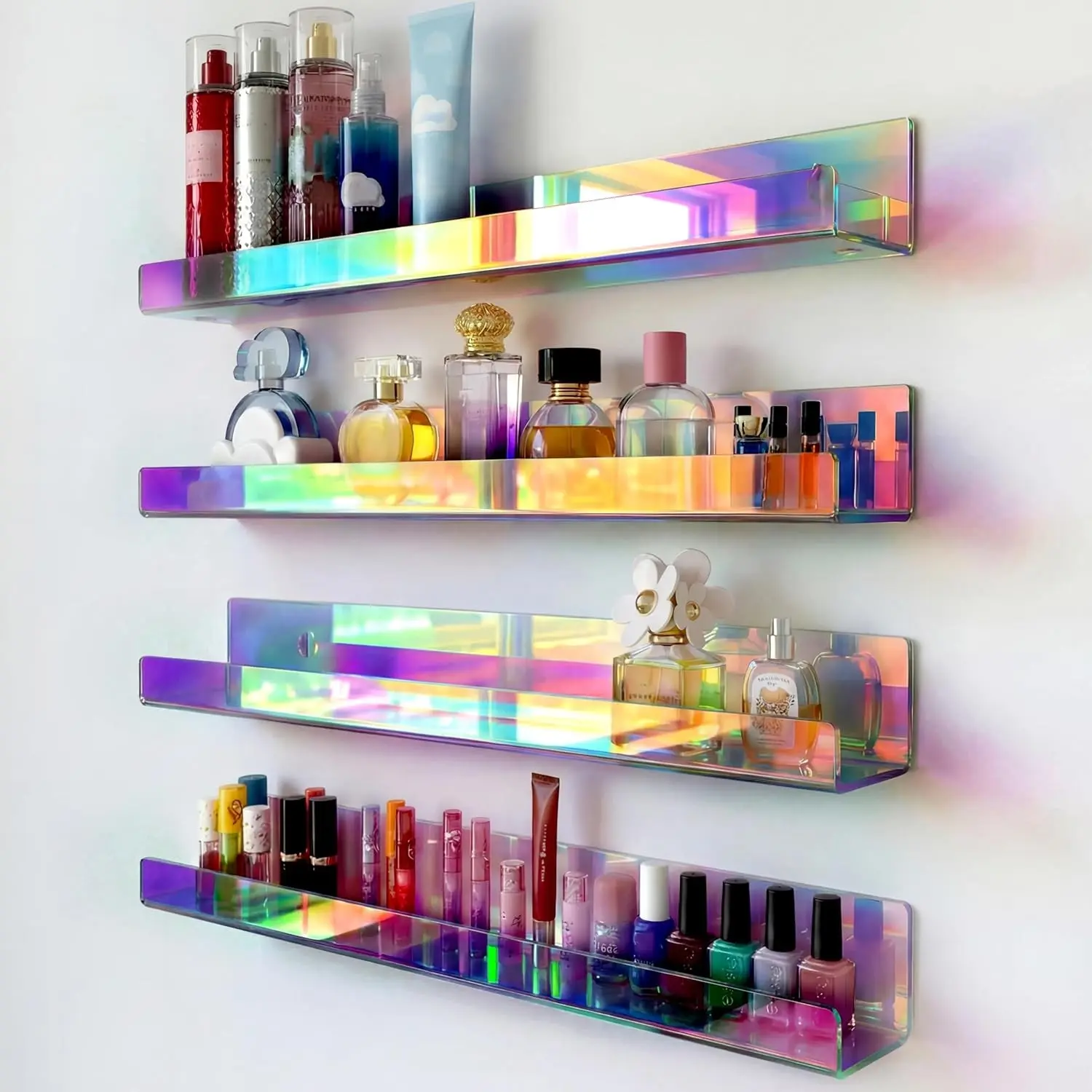 4 Pack 15 Inch Iridescent Acrylic Shelves, Clear Rainbow Floating Shelves for Wall, Modern Sunglasses Essential Oil Picture Ledge Display Toy Storage Wall Shelf