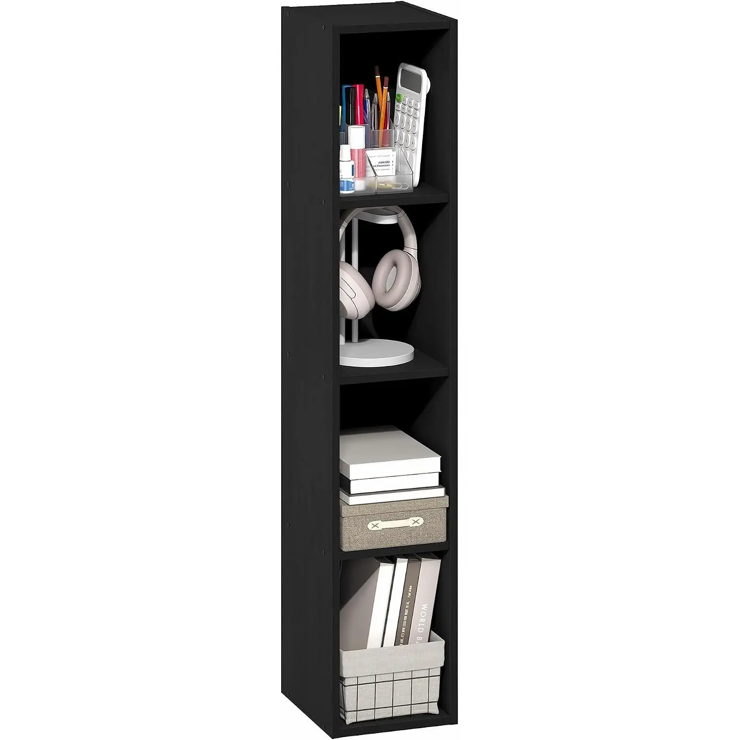 Fulda 4-Tier Narrow Width Single Unit Book Shelf, 8-in Width Storage Shelf Standing Bookcase, 9.3x7.9x41.6 in, for Living Room, Home Office Organization & Storage, Blackwood, 4-Tier Shelf