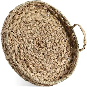 Large 16 Inch Round Woven Serving Tray with Handles  Wicker Tray Decorative Wicker Basket for Table Decor Coffee Fruit Bread Storage and Display