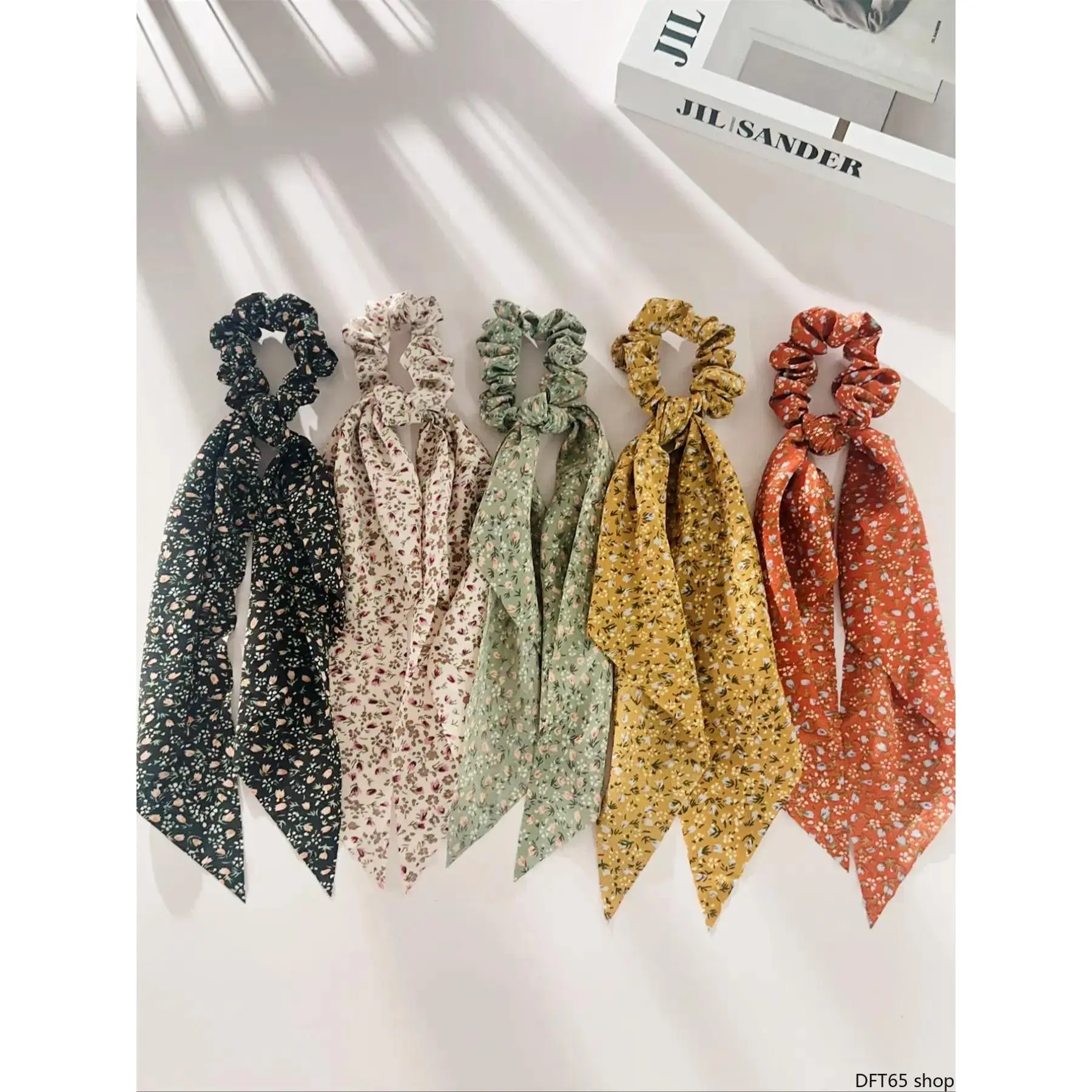 Women's Bow Shape Scrunchies Set - 5-Piece Elegant Floral Print Hair Ties, Soft Synthetic Fabric No-Pull Elastic Bands for Casual Ponytails & Buns, Versatile Daily Use DIY Bag Accessories, Synthetic Fiber