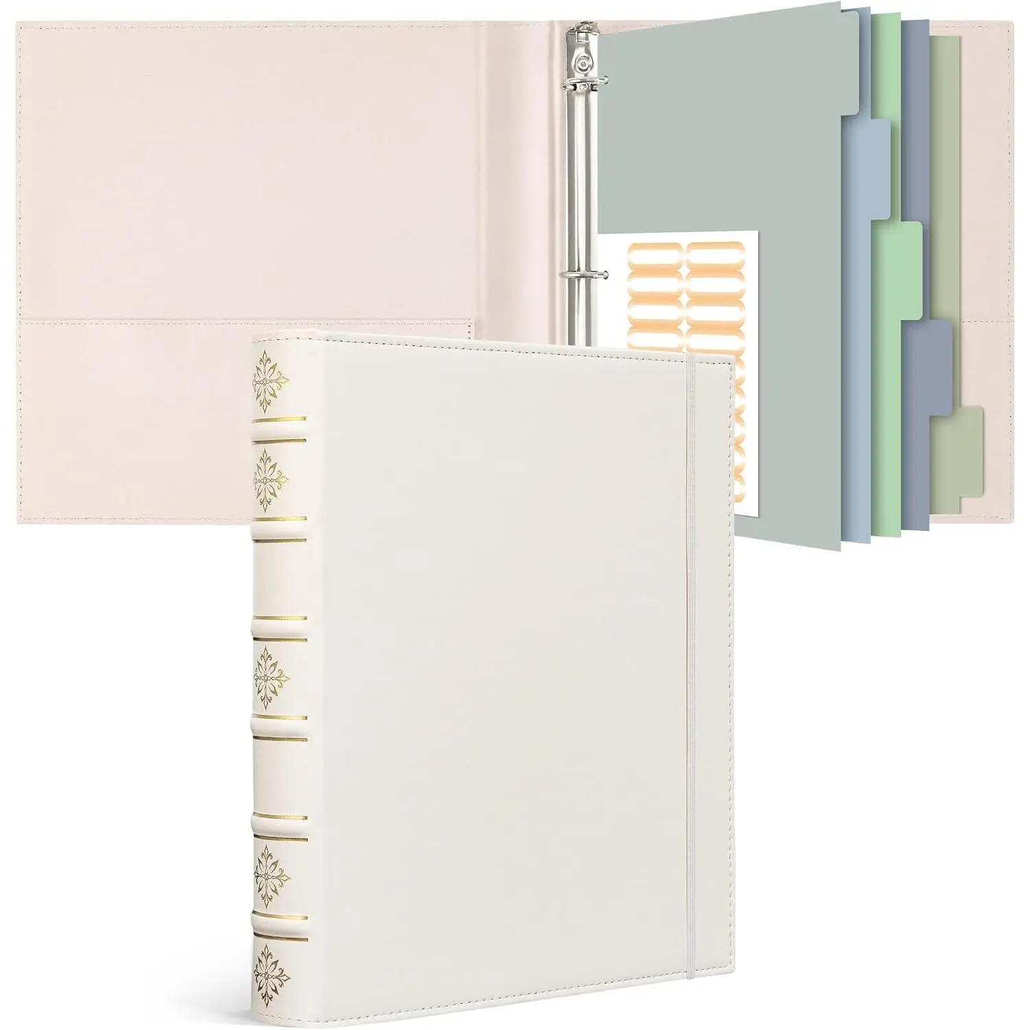 Leather 3 Ring Binder 1 Inch,  D Ring Binder with Pockets and 5 Tab Dividers, Hardback Book Style Document Organizer Fits Letter Size Paper for , Office and Wedding White