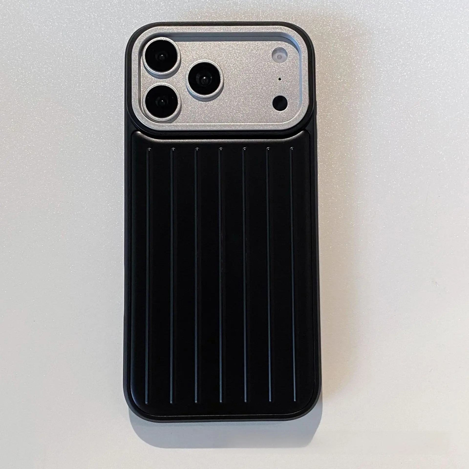 Polycarbonate Phone Case for iPhone Series (13-17 Pro Max) - Vertical Luggage Strip Texture, Shockproof Matte Anti-Fingerprint Hard Shell, Large Silver Camera Window, Minimalist Men/Women Protective Accessory