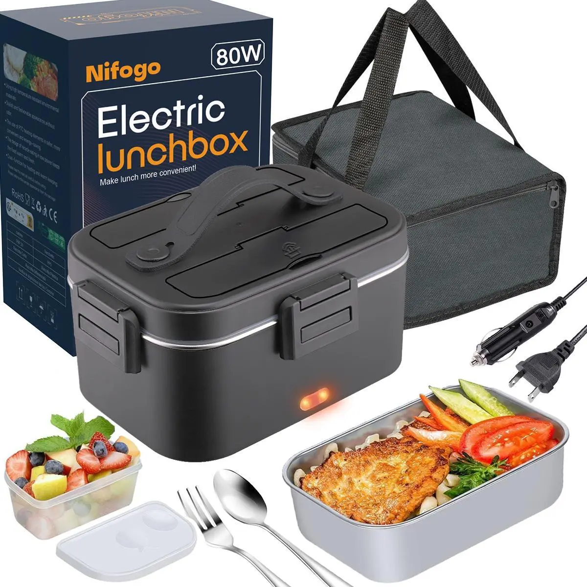 Electric Lunch Box 1.8L Food Heater for Adults, 12V/24V/110V Portable Lunch Warmer Upgraded Heated Lunch Box for Car/Truck/Office with Fork&Spoon and Insulated Carry Bag