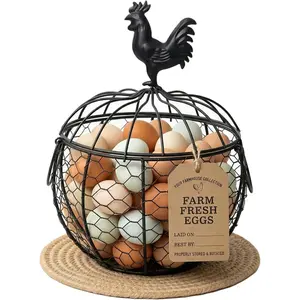 Farmhouse Wire Egg Basket for Gathering Fresh Eggs with Metal Handle, Holds About 36 Eggs, Vintage Rustic Egg Collecting Basket for Kitchen Countertop, Round, Rooster Pattern
