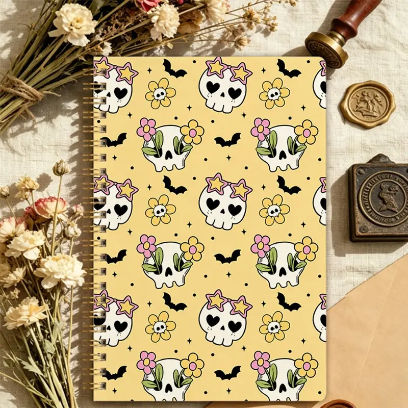 1pc Halloween Themed Notebook Cute Skull Flower Bat Pattern Journal High Aesthetic Girlish Heart Notebook for Daily Writing Note Taking Sketching Perfect Gift for Students and Halloween Lovers Women's clothing