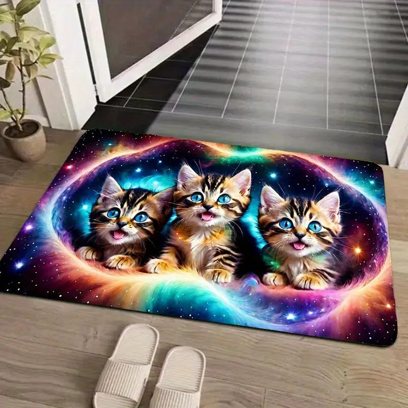 1pc Non-Slip Holy Entrance Welcome Mat - Soft Durable Machine-Washable Fiber, Rectangular 3-Kitten Design, Easy-to-Clean for High-Traffic Front Doors