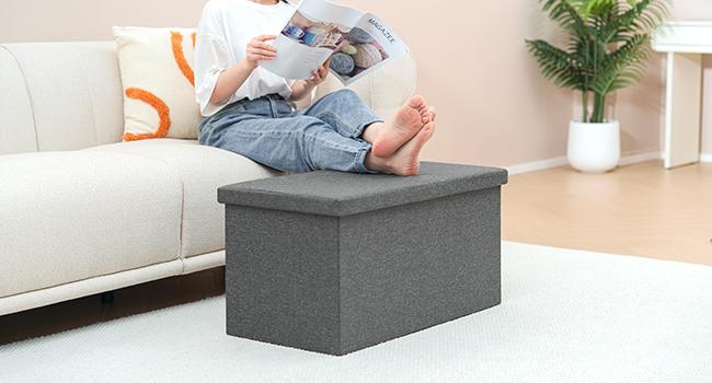 Storage Ottoman with Tray, Linen Coffee Table Folding Long Shoes Bench Footstool, Dark Grey 30"x15.74"x15"