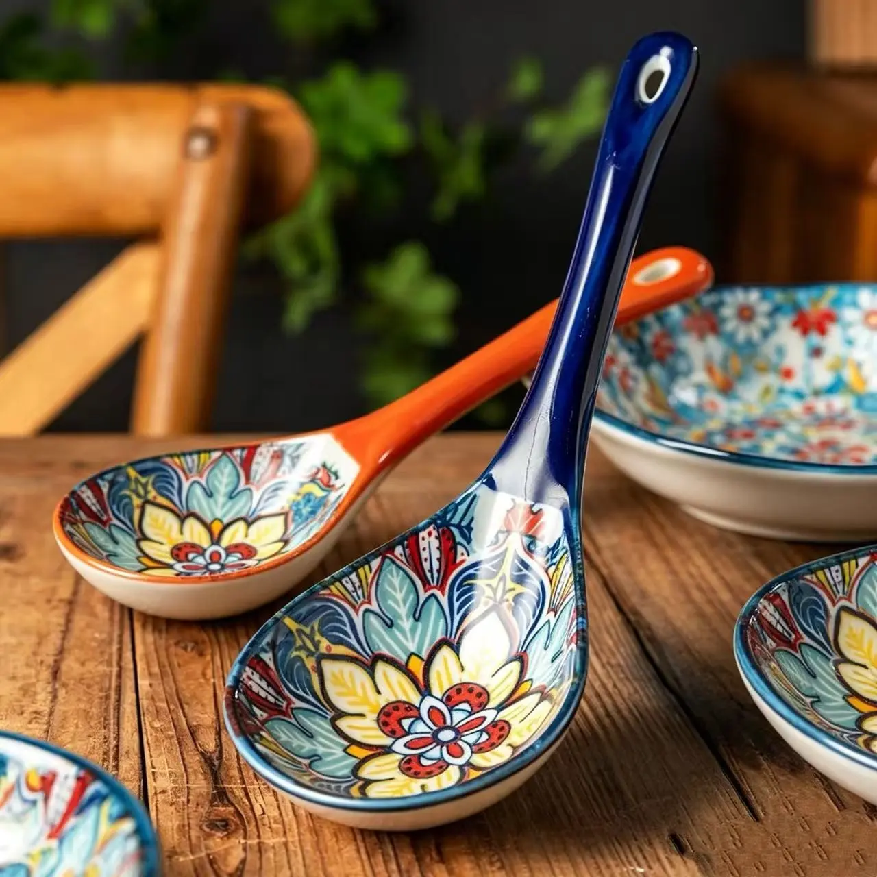 Bohemian Ceramic Soup Spoons Set of 2, Large Household Serving Spoons, Long Handle Ladle for Rice and Porridge, Big Soup Spoon, Tableware