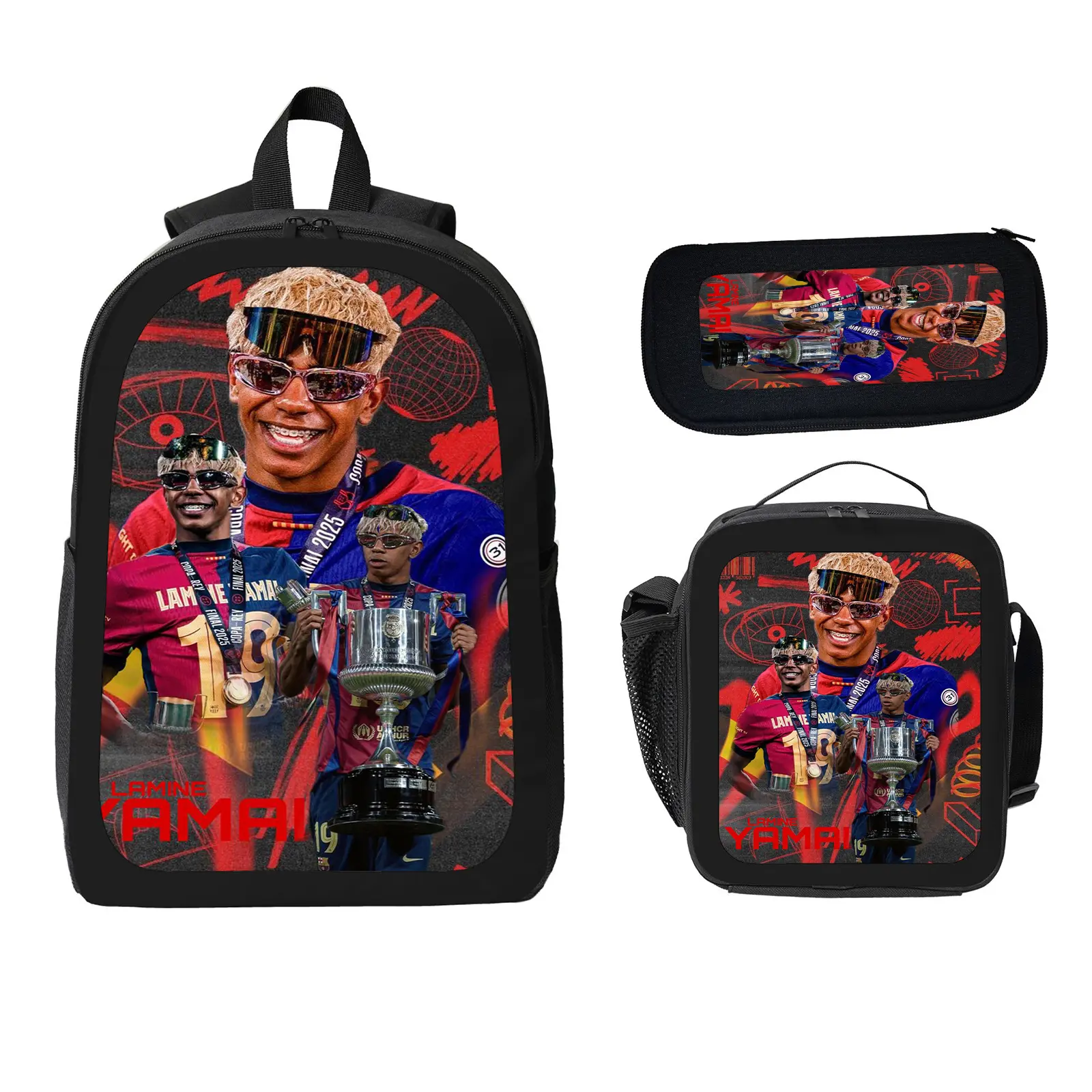 LAMINE YAMAL 3-Piece Kids' School Backpack Set, Large Capacity Water-Resistant Bookbag with Insulated Lunch Bag & Pencil Case, Travel Daypack for Elementary-Middle School Students