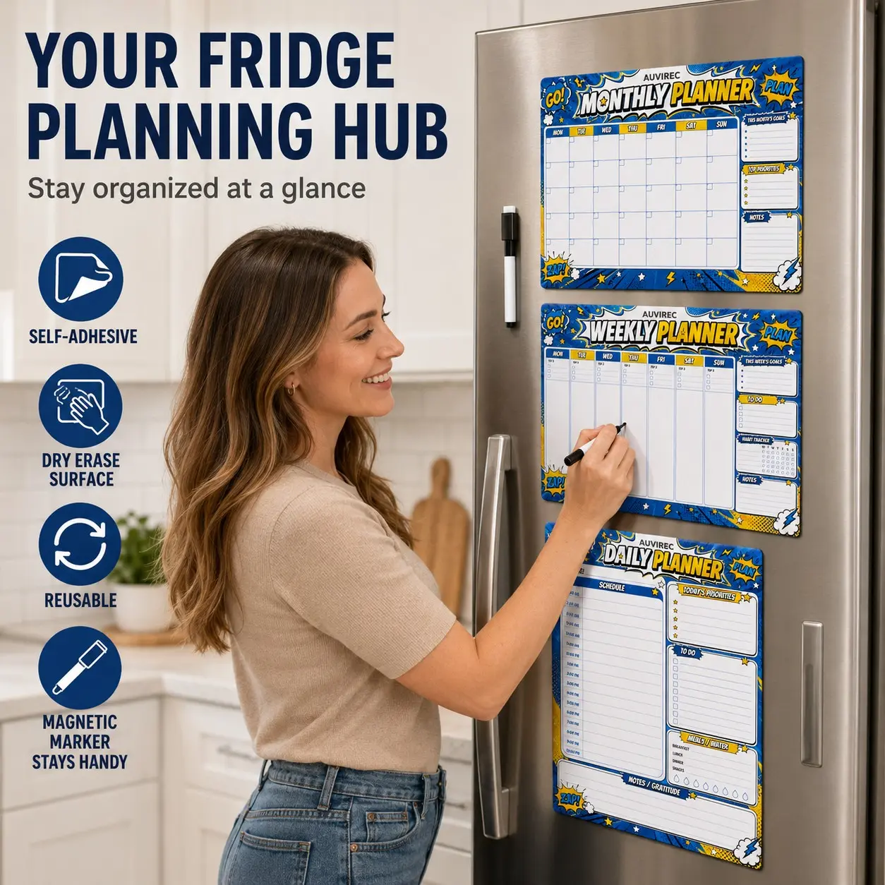 Auvirec 3-Piece Blue Comic Style Reusable Pet Dry Erase Calendar Set, Monthly Weekly Daily Planner, Self-Adhesive Schedule Board