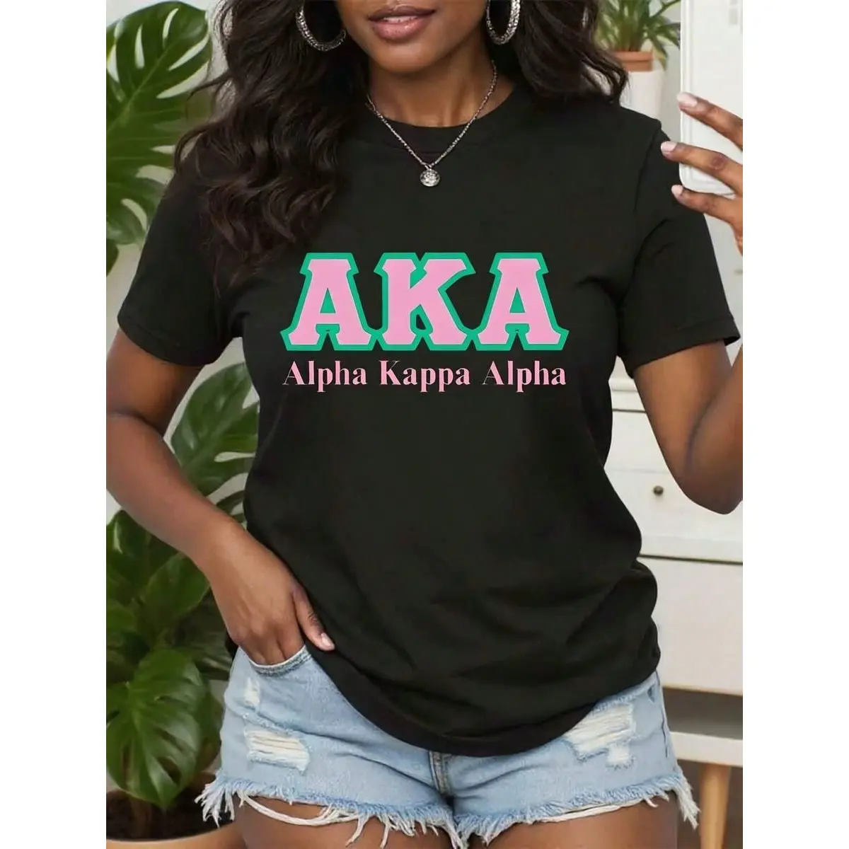 Women's Black AKA Alpha Kappa Alpha Print Short Sleeve T Shirt Crew Neck Soft Breathable Comfy All Match Tops for Sorority Girls College Greek Life Summer Daily Casual Wear