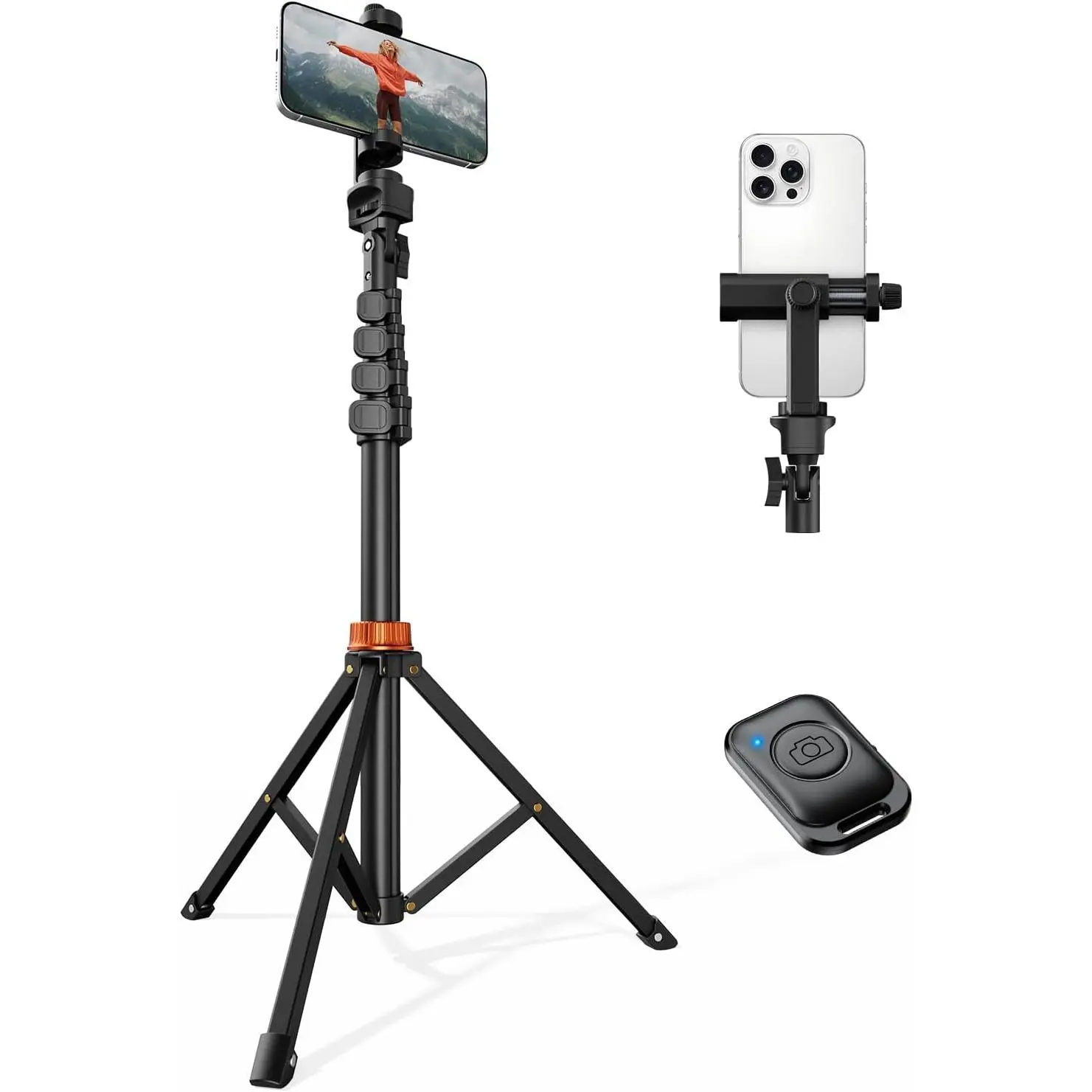 66" Phone Tripod, Tripod for iPhone with Remote & Phone Stand| Extendable Cell Phone Tripod for Video Recording, Tripod & Monopod Accessories for iPhone/Android, ANTHRACITE Aluminium Metal Selfie Camera