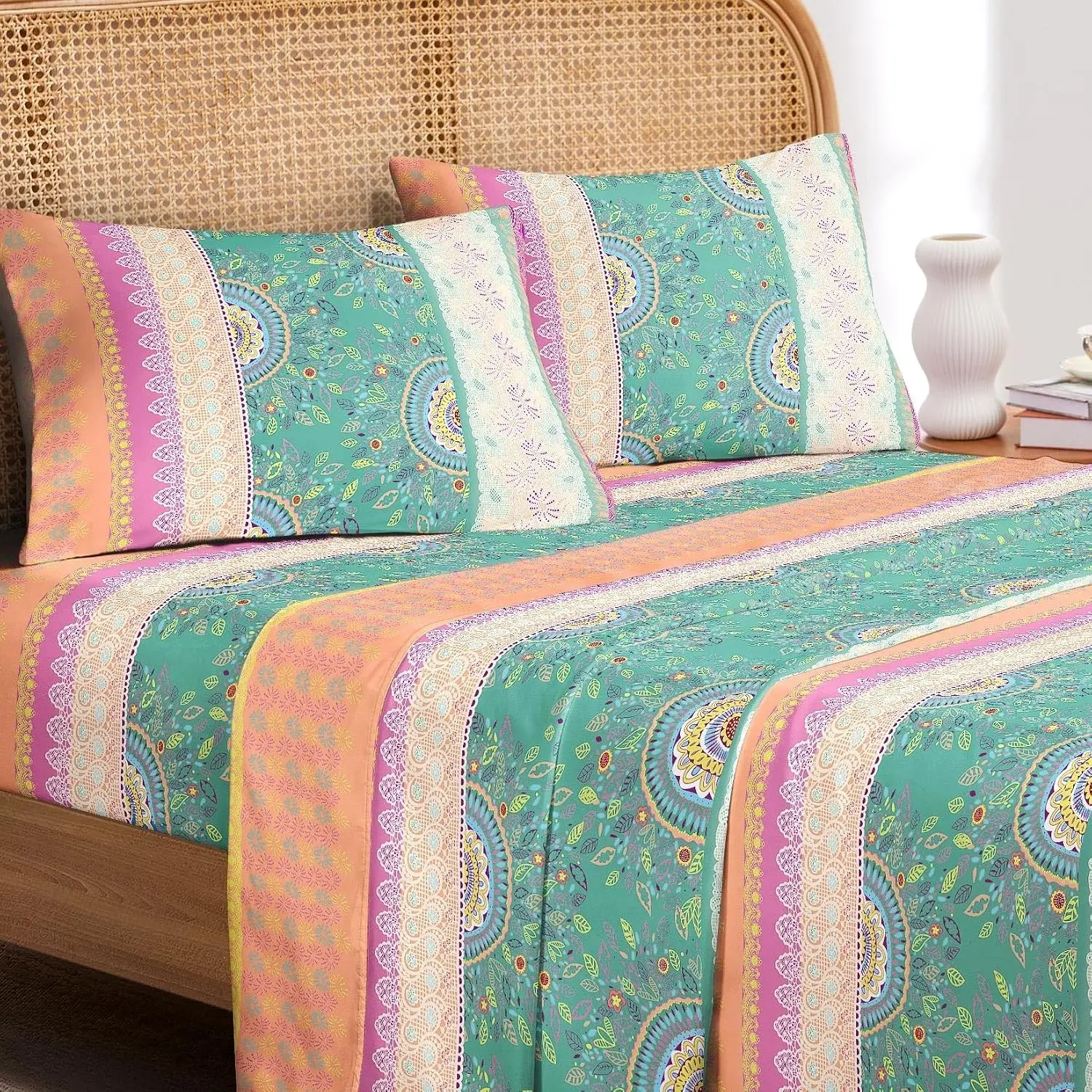 Wake In Cloud 4-Piece Queen Size Boho Bed Sheet Set, Bohemian Chic Medallion Colorful Hippie Aesthetic Bedding, Deep Pocket, Orange Green