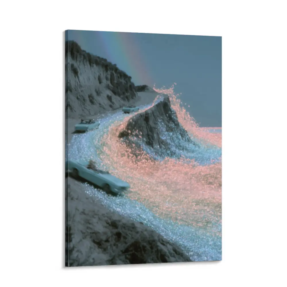 Framed Pastel Pink-Blue Ocean Wave Canvas Wall Art Kit - Home Decor Decoration, Feminine Nature-Inspired Sea Landscape, Easy Hang Boho Valentines Day Gift for Girls’ Rooms, Stunning Color Contrast Cozy Prints, Artistic, Home Supplies