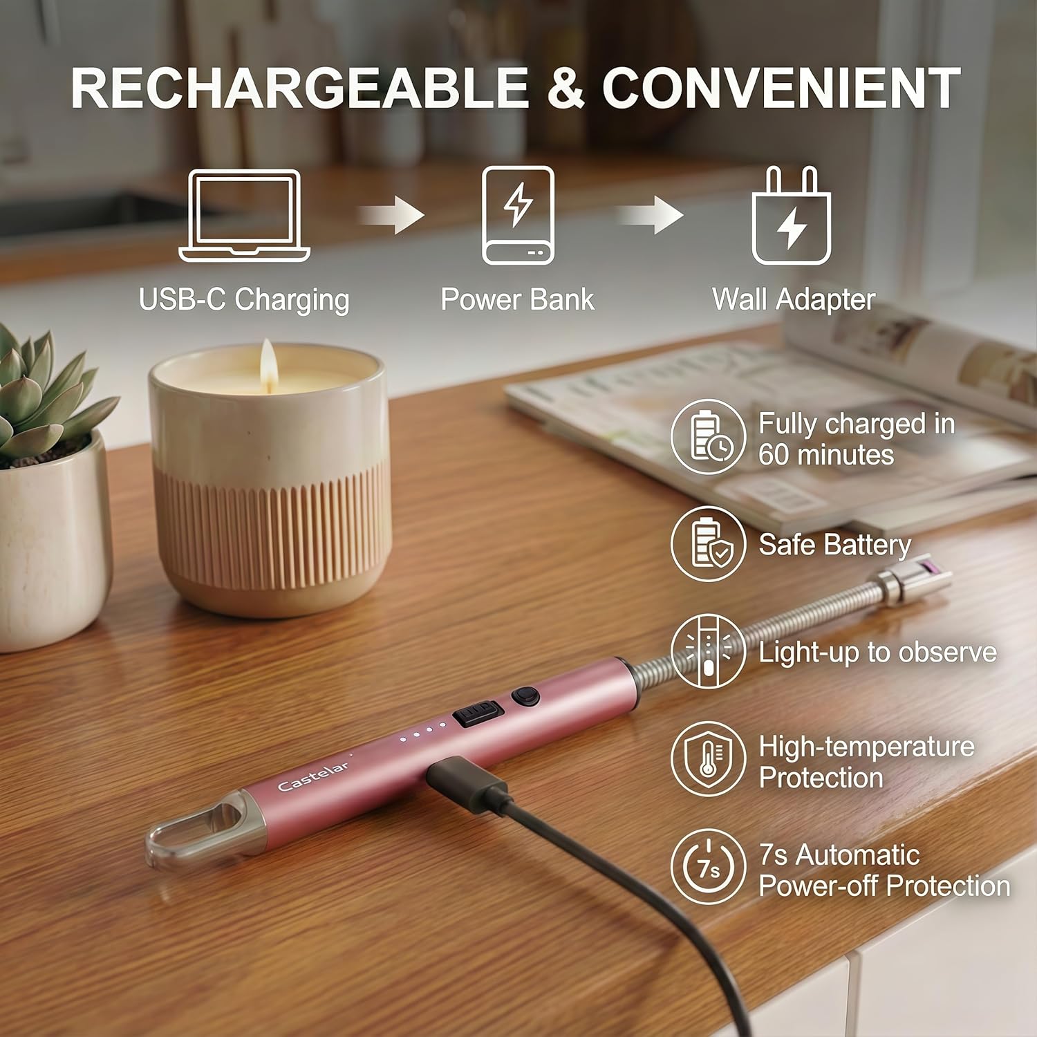 Castelar Electric Candle Lighter Long Flexible Neck  Rechargeable Arc Lighter with Safety Lock for Candle  Camping Housewarming Birthday Gifts